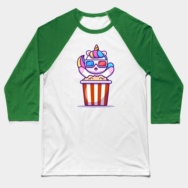 Cute Unicorn Eating Popcorn Baseball T-Shirt by Catalyst Labs